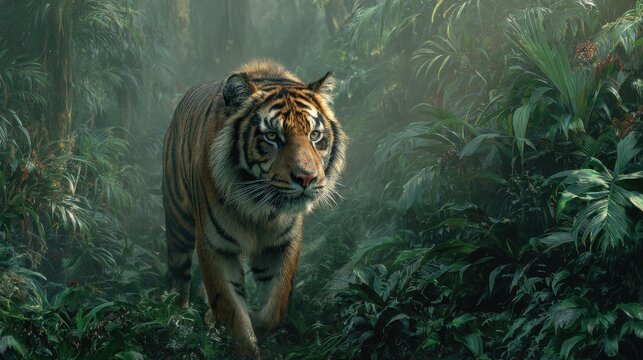Majestic tiger walking slowly through dense misty jungle foliage with intense focused expression creating dramatic wildlife atmosphere in tropical forest environment on white background - Powered by Adobe