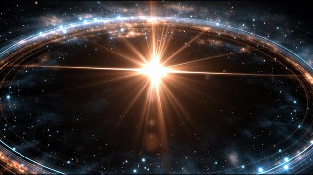 Cosmic Energy Beam video of a bright star shining through a ring in space with a stunning cosmic background suitable for astronomy presentations.