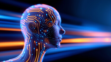 Futuristic digital human head with glowing circuitry and motion streaks.
