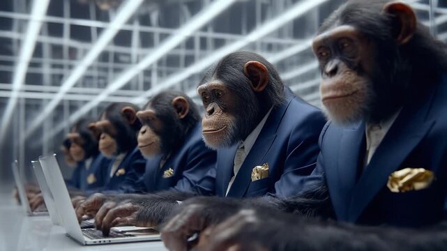 A group of well-dressed monkeys sitting at a long table, all intently working on laptops, demonstrating a humorous and surreal corporate environment driven by primate characters in suits.
