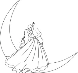 Bride and Groom Outline on Crescent Moon
