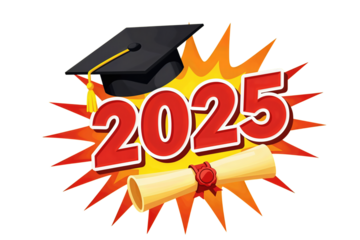 Graduation cap and diploma with 2025 in bold red letters