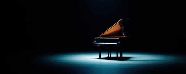 Spotlight Drama Minimal concept. Elegant grand piano illuminated by a spotlight in a dark setting.