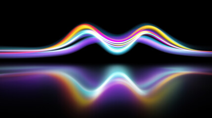 Abstract neon light trails in pink, blue and orange form dynamic circular motion on a dark background.
