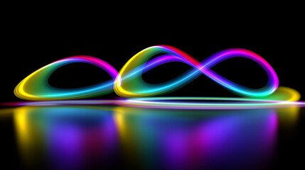 Abstract neon light trails in pink, blue and orange form dynamic circular motion on a dark background.
