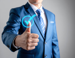 Quality Management and Assurance Thumbs Up Approval Concept