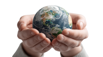Human hands gently holding detailed Earth globe symbolizing environmental care global responsibility protection sustainability and unity message concept clearly presented on white background