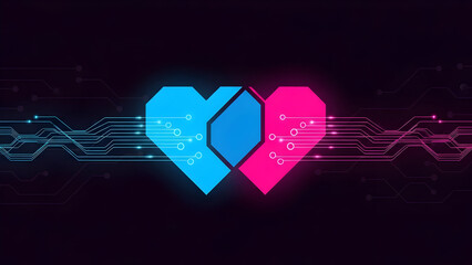 Glowing neon digital heart love symbol circuit
