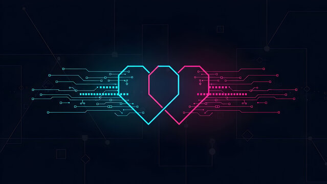 Glowing digital circuit heart on dark background