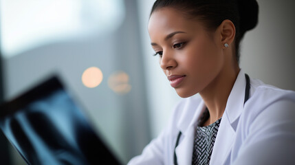 A doctor wearing blue gloves examines an X-ray film in a modern medical environment.