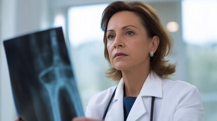 A doctor wearing blue gloves examines an X-ray film in a modern medical environment.
