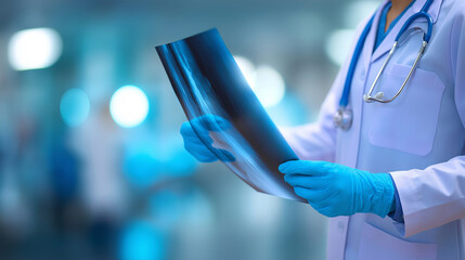 A doctor wearing blue gloves examines an X-ray film in a modern medical environment.