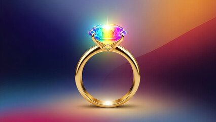 Golden engagement ring with rainbow diamond