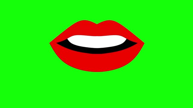 An animated cartoon mouth talking with red teeth and lips on a green screen background. Suitable for anime, comics, and videos. Very high resolution.