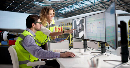 Skilled Engineers Carefully Inspecting Airplane Parts