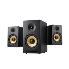 Obraz premium High-quality black and gold stereo speakers isolated on dark tone