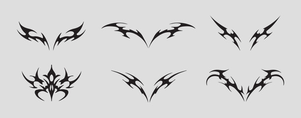 Neo Tribal Y2K Cyber Sigilism Tattoo Patterns Vector Set. Gothic Streetwear Graphic Print Design. Blackwork Futuristic Grunge Abstract Shapes Collection.