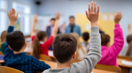 Students raising their hands during a lesson in a bright classroom with the teacher at the front.
