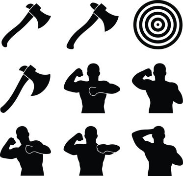 Silhouette icons of axes, target and muscular men posing on white background Keywords: axe, hatchet, weapon, tool, woodcutting, chopping, target, bullseye, archery, dartboard