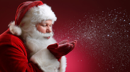 Obraz premium Man dressed as Santa Claus blowing snow from his hands against a vibrant red background. 