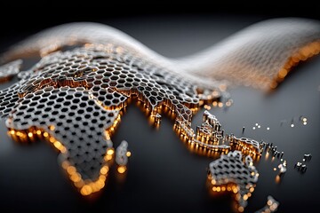 Abstract Futuristic Earth Representation with Hexagonal Data Flow and Glowing Orange Lights on Dark Background