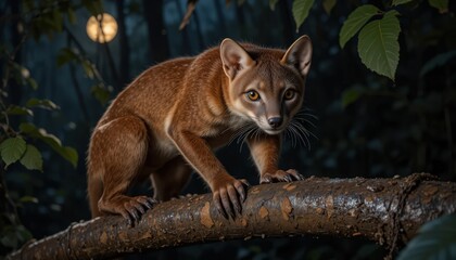 Intent Brown Fossa Perched Watchfully on Wet Tree Branch in Dark Tropical Jungle 