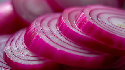Close-up of vibrant red onion slices arranged in a tight, repeating pattern.