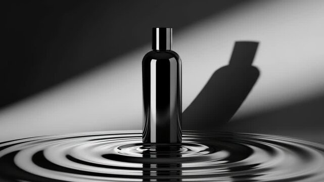 Sleek black cosmetic bottle standing in dark liquid with prominent ripples and dramatic shadow against a gradient background, 4k video