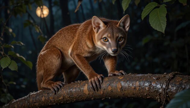 Intent Brown Fossa Perched Watchfully on Wet Tree Branch in Dark Tropical Jungle 