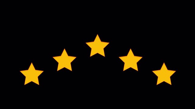 Gold 5 stars rating video animation on transparent background, five star flat symbol animation video 4k