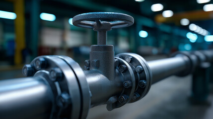 Industrial metal valve wheel mounted on a steel pipeline inside a factory setting.

