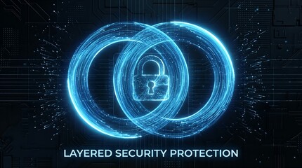 Digital illustration of layered security protection with glowing blue interlocking circles and a padlock icon.