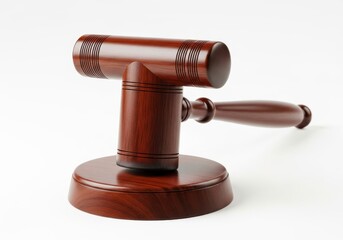 Polished wooden gavel resting upon its circular sounding block against a white background.