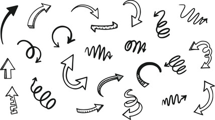 Assortment of Black Doodle Hand Drawn Arrows Showing Direction and Flow Isolated on Transparent Background