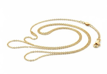 Delicate golden jewelry chain featuring lobster claw fasteners lies against a clean white background