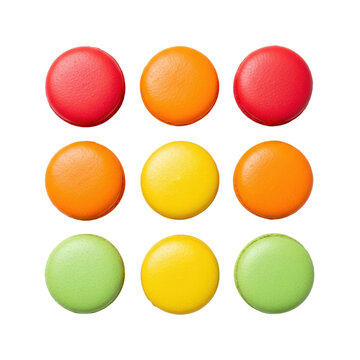 Nine vibrant french macarons arranged in a precise 3x3 geometric grid, flat lay macro focus on texture against a transparent background. Concept of precise dessert assortment