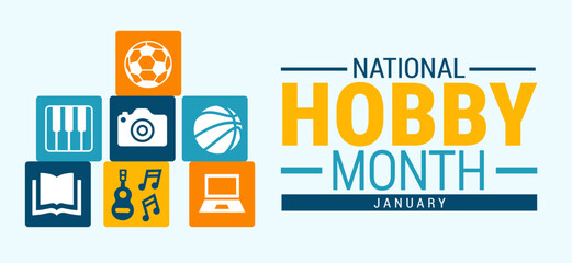Naklejka na ściany i meble National Hobby Month background, banner, card or poster design template is observed every year during January, to raise awareness about the mission. Vector illustration.
