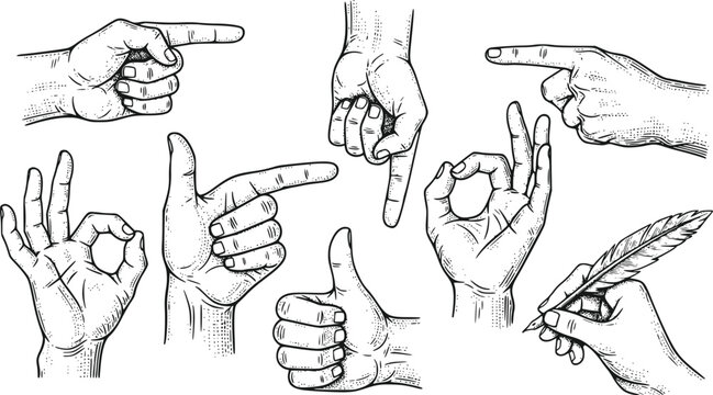 Collection of Engraved Hand Gestures Including Pointing Thumbs Up OK and Quill Writing Isolated on Transparent Background