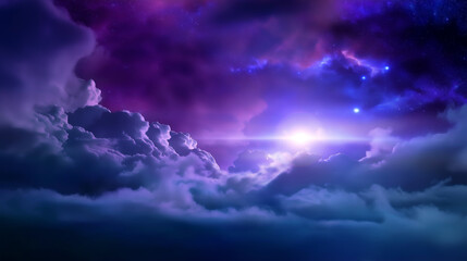 Obraz premium Dramatic fantasy sky illuminated by vibrant light breaking through dense clouds. 