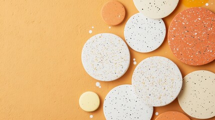 Collection of round speckled terrazzo and terracotta-colored coasters arranged diagonally on a bright, vibrant orange background with copy space. Ideal for craft, DIY, lifestyle, and interior design 