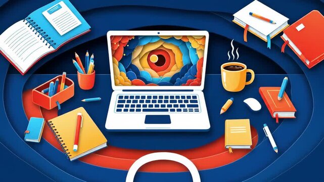 Digital workspace setup with open portable computer and colorful desktop accessories