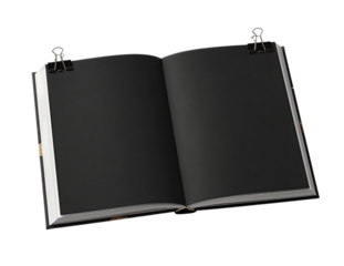 Open black book with blank pages held by binder clips