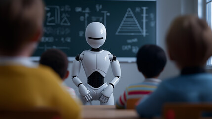 Humanoid robot teaching a classroom of children in front of a chalkboard filled with math diagrams.
