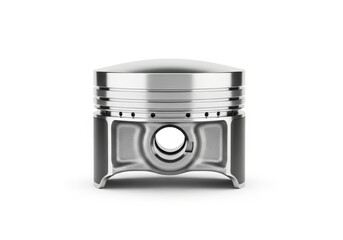 Polished metallic engine component rests centrally against a bright white background