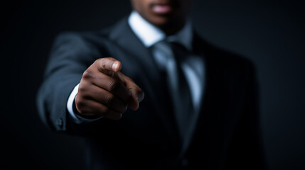 Man in a formal suit pointing directly toward the camera in a dramatic dark setting.
