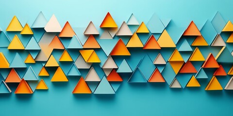 Abstract 3D background of overlapping triangular geometric shapes in vibrant yellow, orange, white, and teal colors on a blue surface.