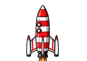 Cartoon retro spacecraft with red and white stripes ascends against a white background