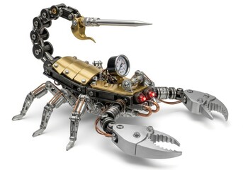 Intricate mechanical scorpion sculpture fashioned from metal components rests on a white surface
