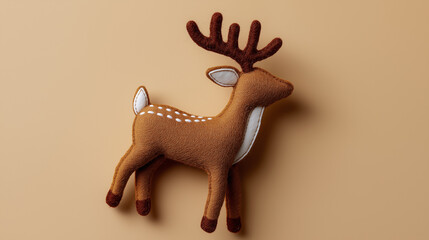 Soft plush reindeer toy captured on a clean beige background.