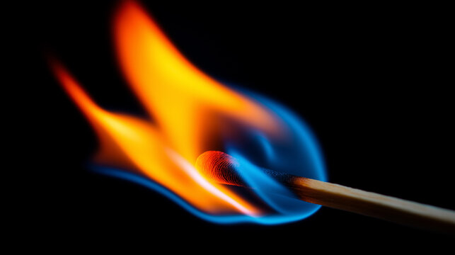 Burning matchstick with vivid blue and orange flame against a dark background.
- Powered by Adobe
